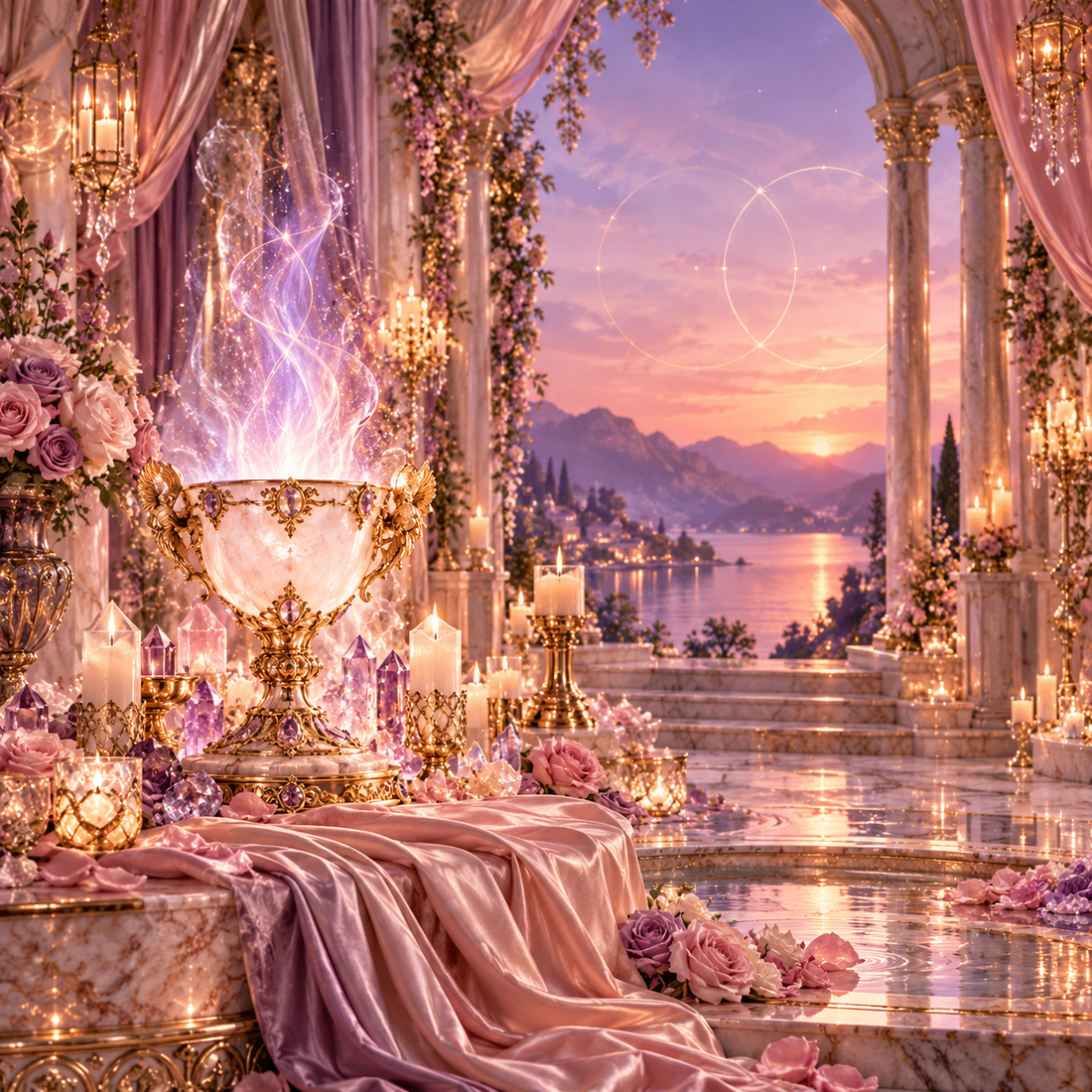 A luminous violet flame rising from a chalice in a satin-draped room.