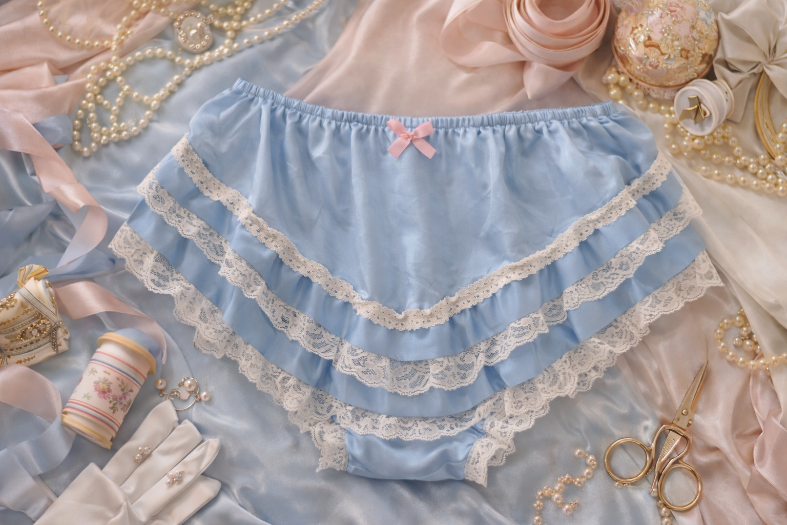 Light blue lace petticoat with decorative elements on a soft fabric background
