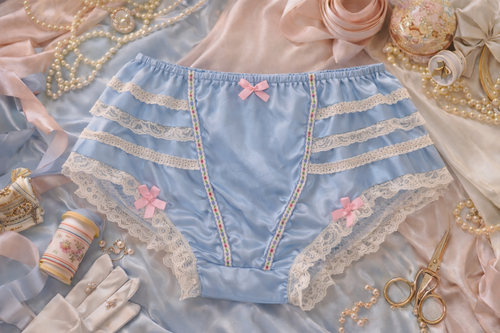 Light blue underwear with lace details and pink bows on a decorative background with ribbons and jewelry.